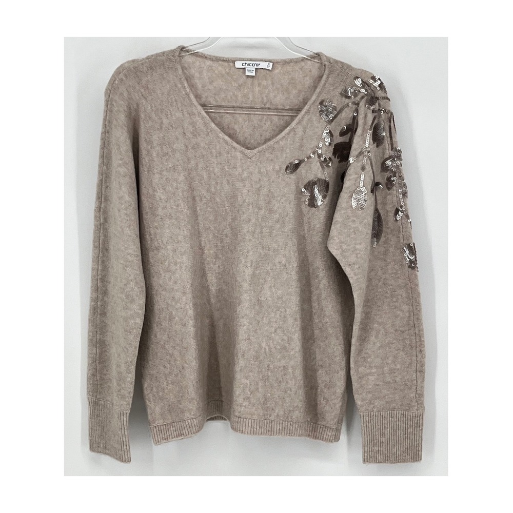 CHICO'S V-Neck Sweater 0 Small (Size 4) Oatmeal Sequined Floral Embellished Knit